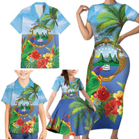 Costa Rica Parrot Tropical Flowers Family Matching Short Sleeve Bodycon Dress and Hawaiian Shirt
