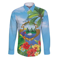 Costa Rica Parrot Tropical Flowers Family Matching Short Sleeve Bodycon Dress and Hawaiian Shirt