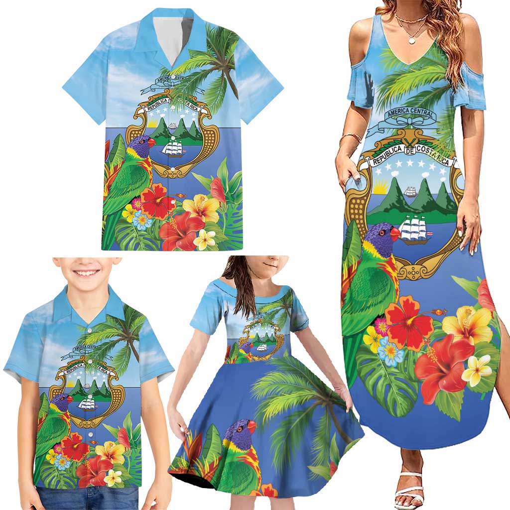 Costa Rica Parrot Tropical Flowers Family Matching Summer Maxi Dress and Hawaiian Shirt