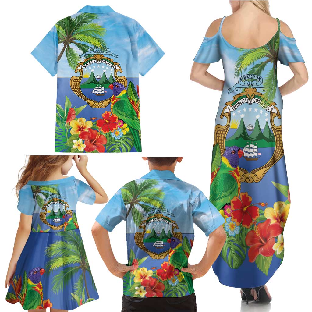 Costa Rica Parrot Tropical Flowers Family Matching Summer Maxi Dress and Hawaiian Shirt