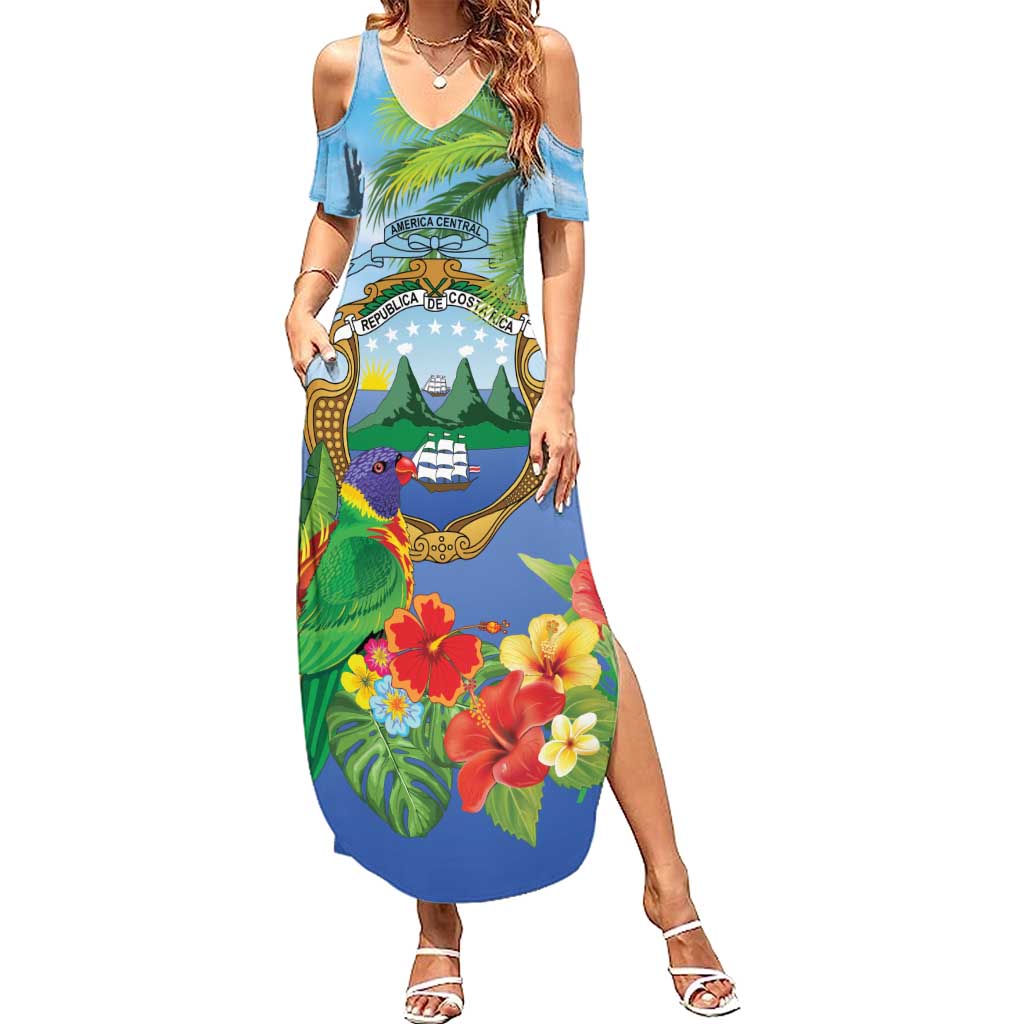 Costa Rica Parrot Tropical Flowers Family Matching Summer Maxi Dress and Hawaiian Shirt