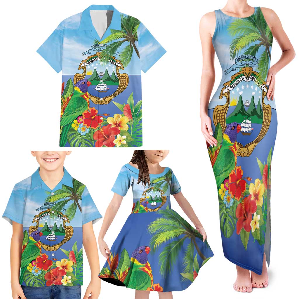 Costa Rica Parrot Tropical Flowers Family Matching Tank Maxi Dress and Hawaiian Shirt