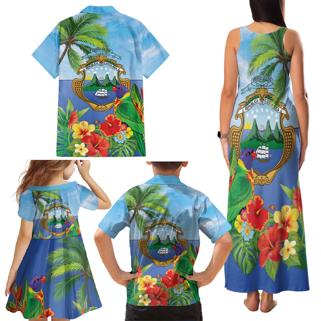 Costa Rica Parrot Tropical Flowers Family Matching Tank Maxi Dress and Hawaiian Shirt