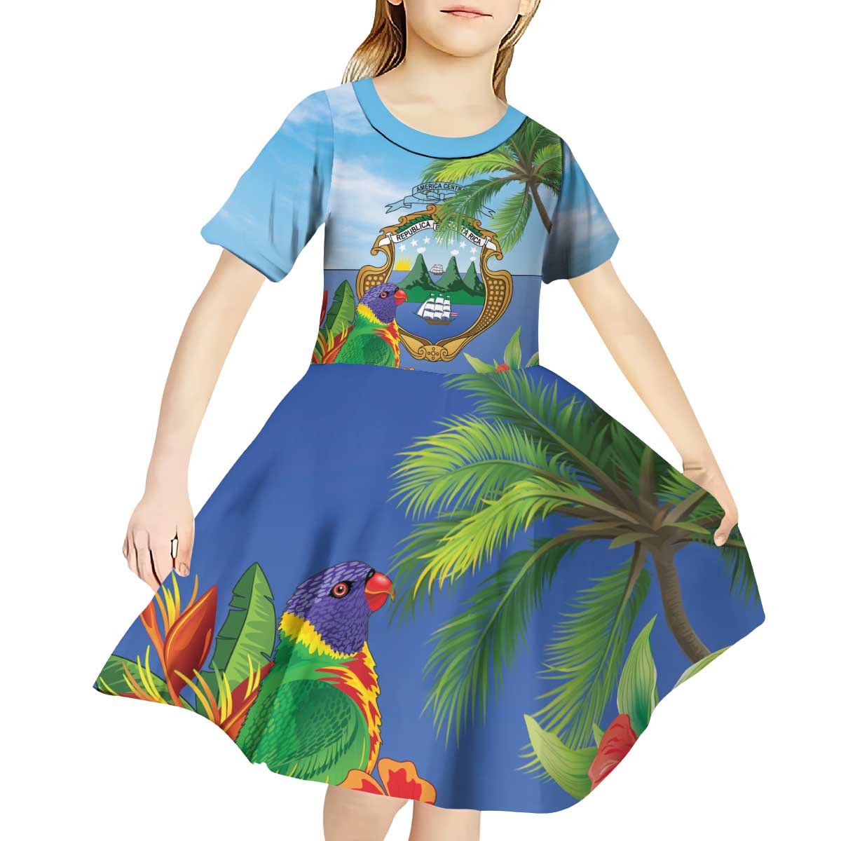 Costa Rica Parrot Tropical Flowers Kid Short Sleeve Dress