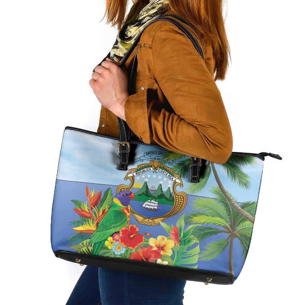 Costa Rica Parrot Tropical Flowers Leather Tote Bag