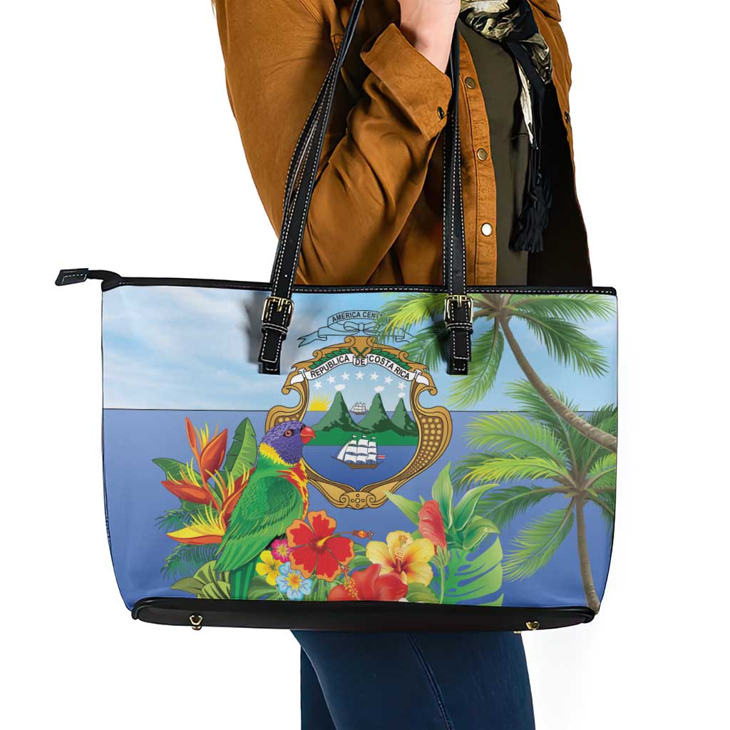 Costa Rica Parrot Tropical Flowers Leather Tote Bag