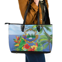 Costa Rica Parrot Tropical Flowers Leather Tote Bag