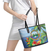 Costa Rica Parrot Tropical Flowers Leather Tote Bag
