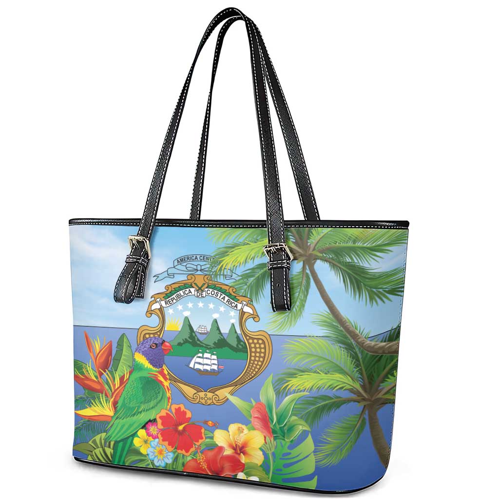 Costa Rica Parrot Tropical Flowers Leather Tote Bag