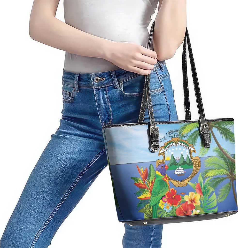 Costa Rica Parrot Tropical Flowers Leather Tote Bag