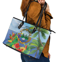 Costa Rica Parrot Tropical Flowers Leather Tote Bag