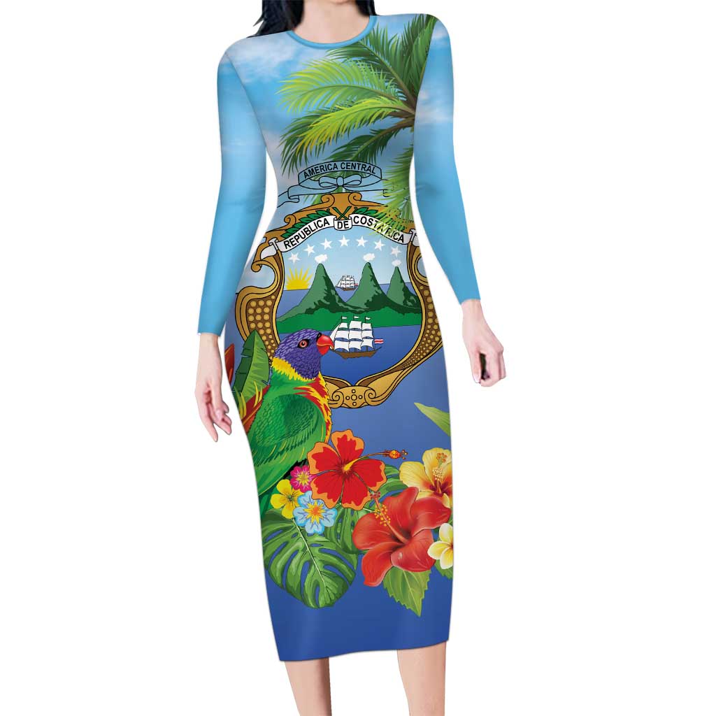 Costa Rica Parrot Tropical Flowers Long Sleeve Bodycon Dress