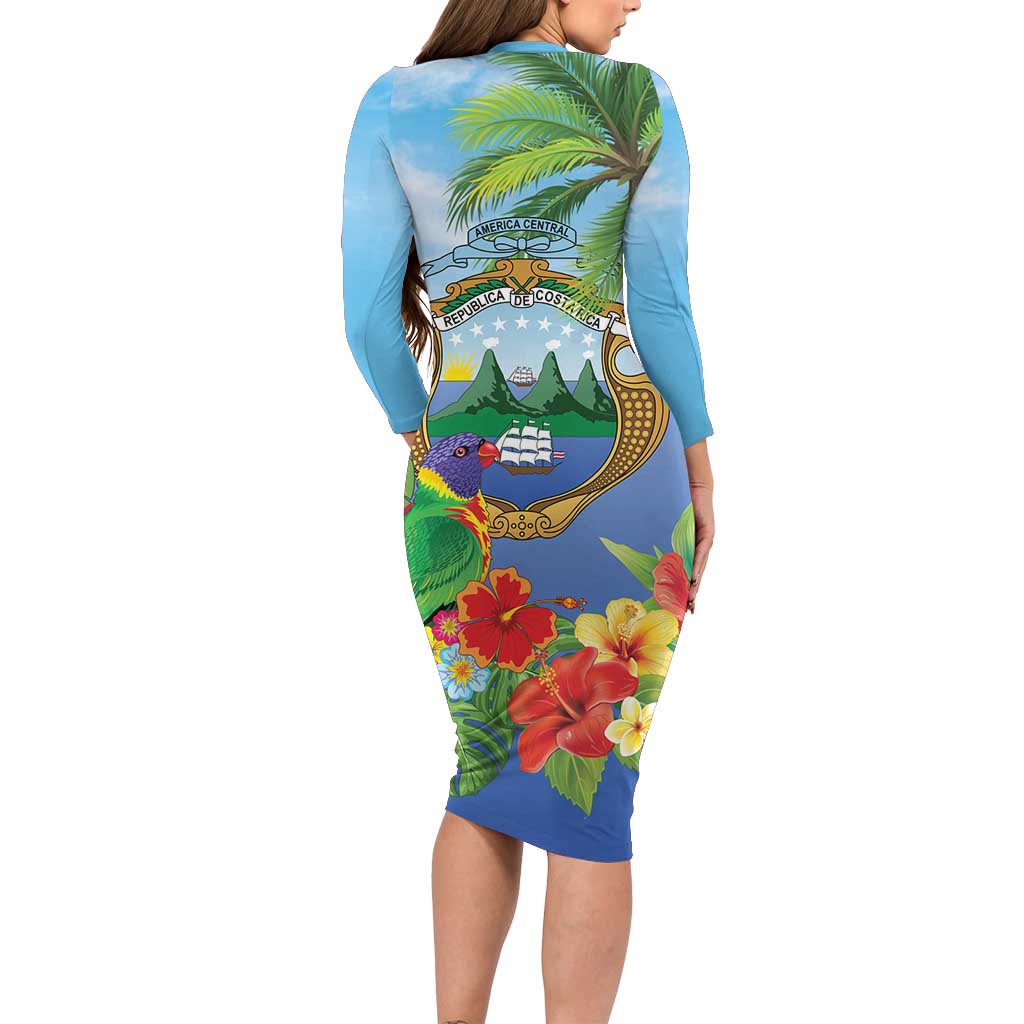 Costa Rica Parrot Tropical Flowers Long Sleeve Bodycon Dress