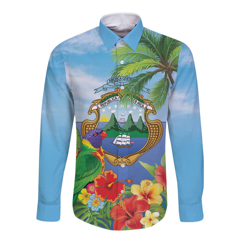Costa Rica Parrot Tropical Flowers Long Sleeve Button Shirt