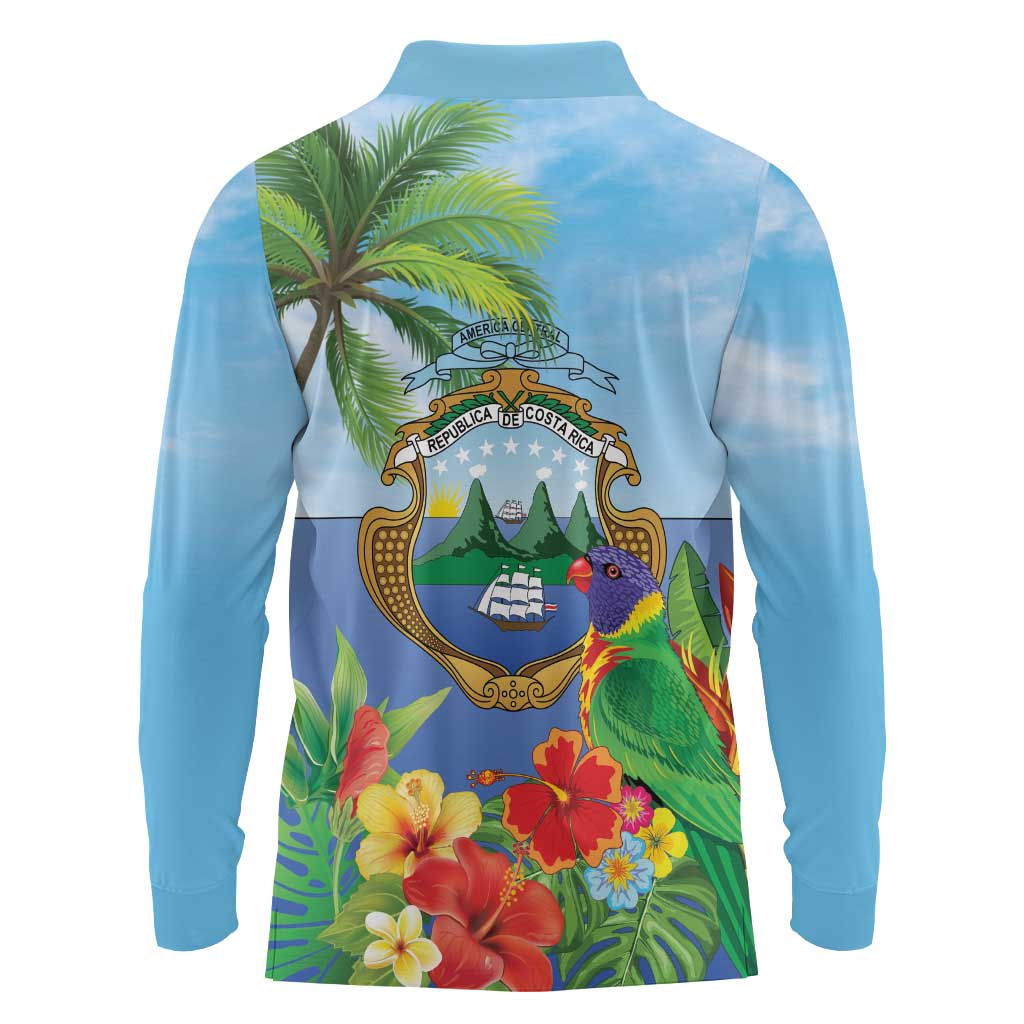Costa Rica Parrot Tropical Flowers Long Sleeve Polo Shirt
