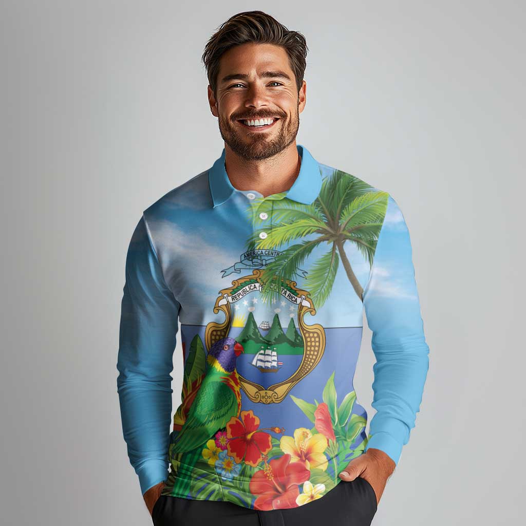 Costa Rica Parrot Tropical Flowers Long Sleeve Polo Shirt