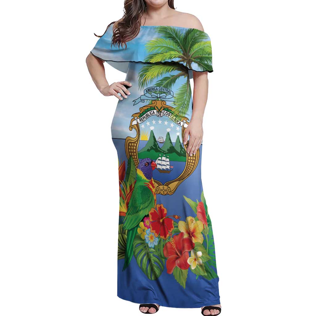Costa Rica Parrot Tropical Flowers Off Shoulder Maxi Dress
