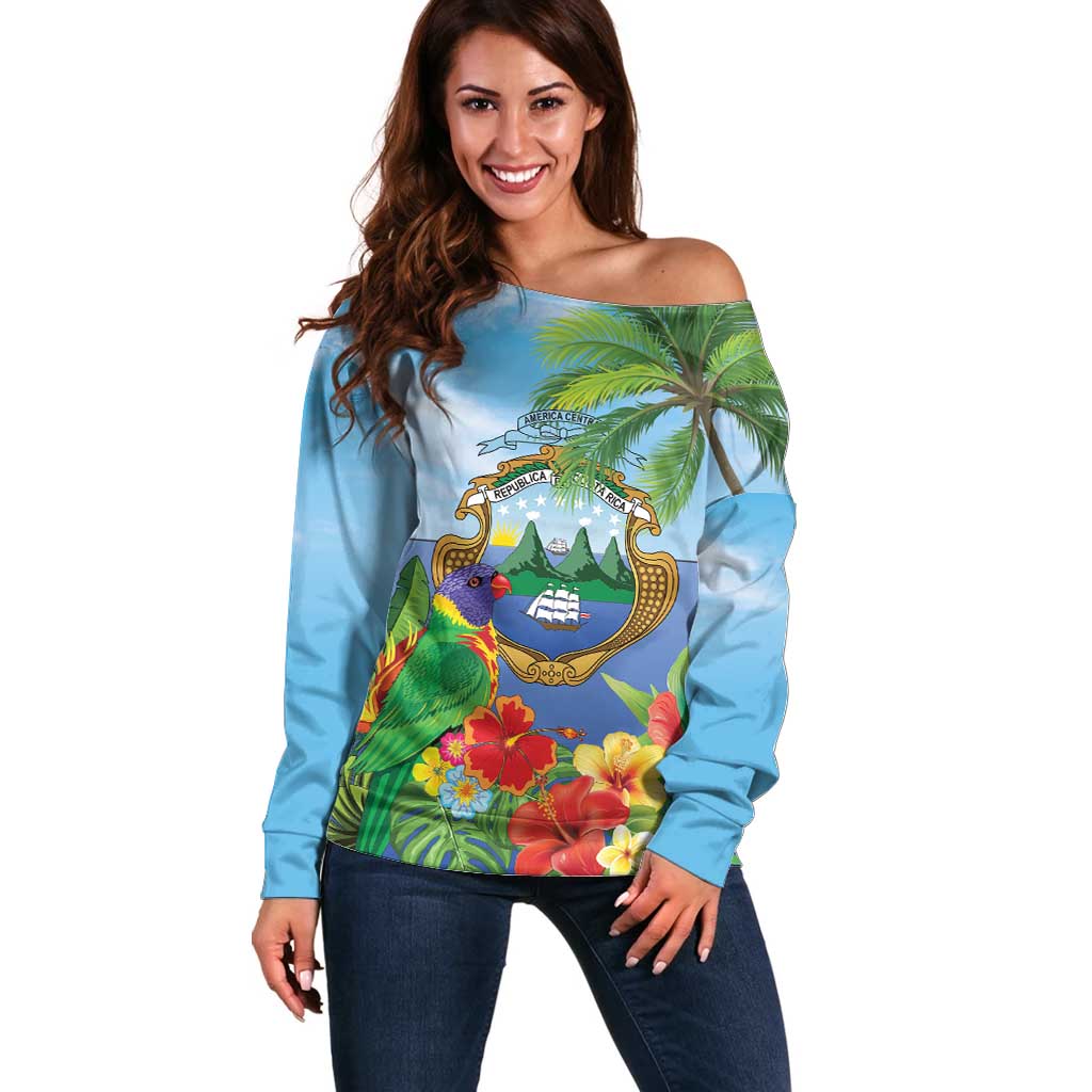 Costa Rica Parrot Tropical Flowers Off Shoulder Sweater