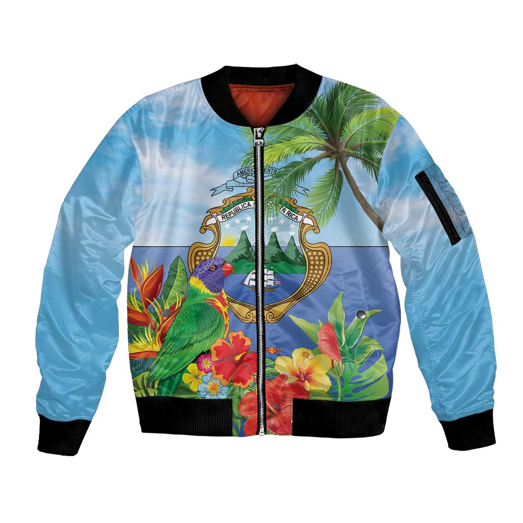 Costa Rica Parrot Tropical Flowers Sleeve Zip Bomber Jacket