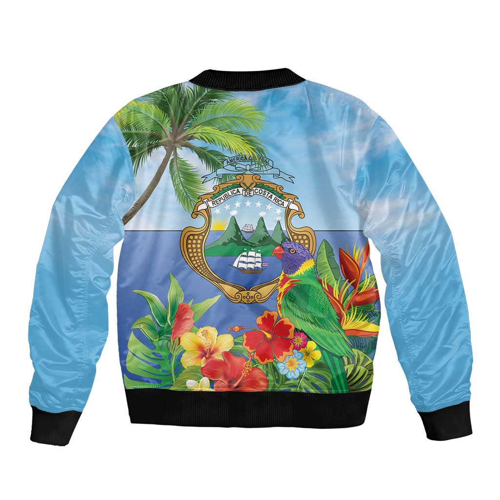 Costa Rica Parrot Tropical Flowers Sleeve Zip Bomber Jacket