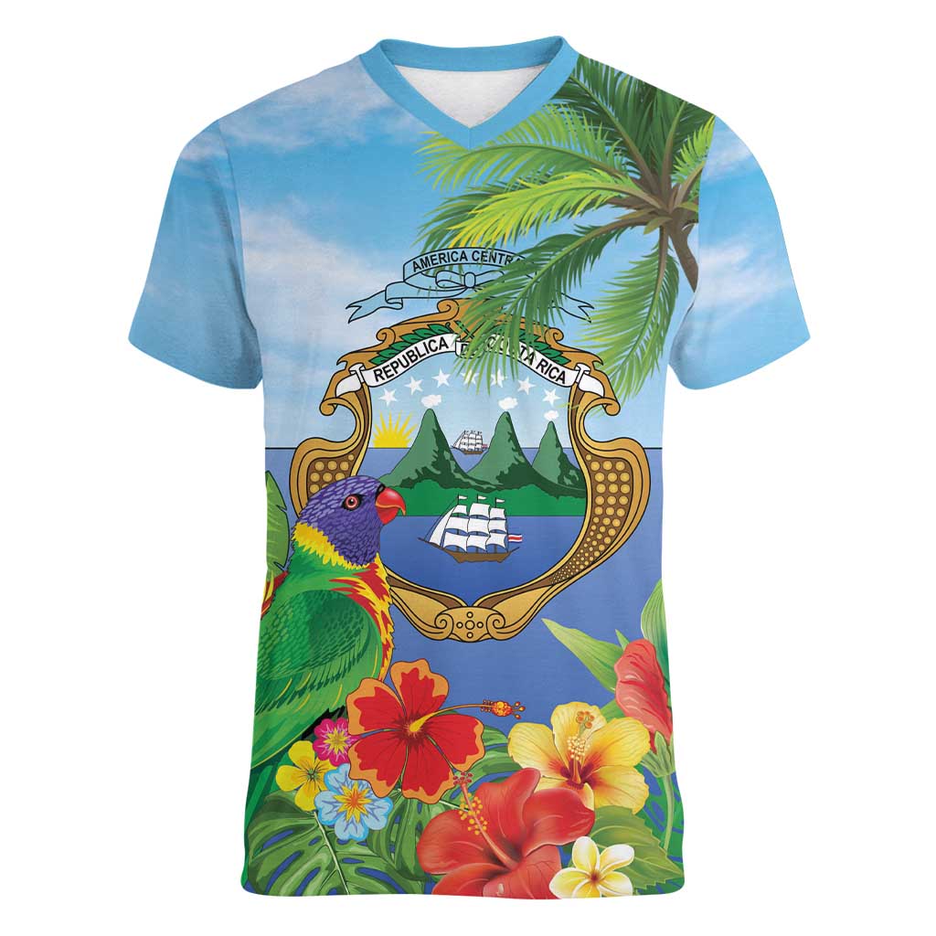 Costa Rica Parrot Tropical Flowers Women V-Neck T-Shirt