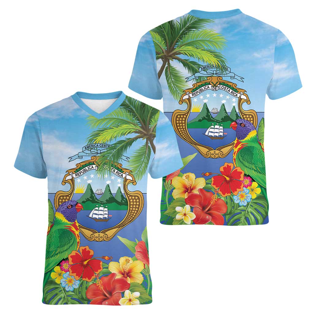 Costa Rica Parrot Tropical Flowers Women V-Neck T-Shirt