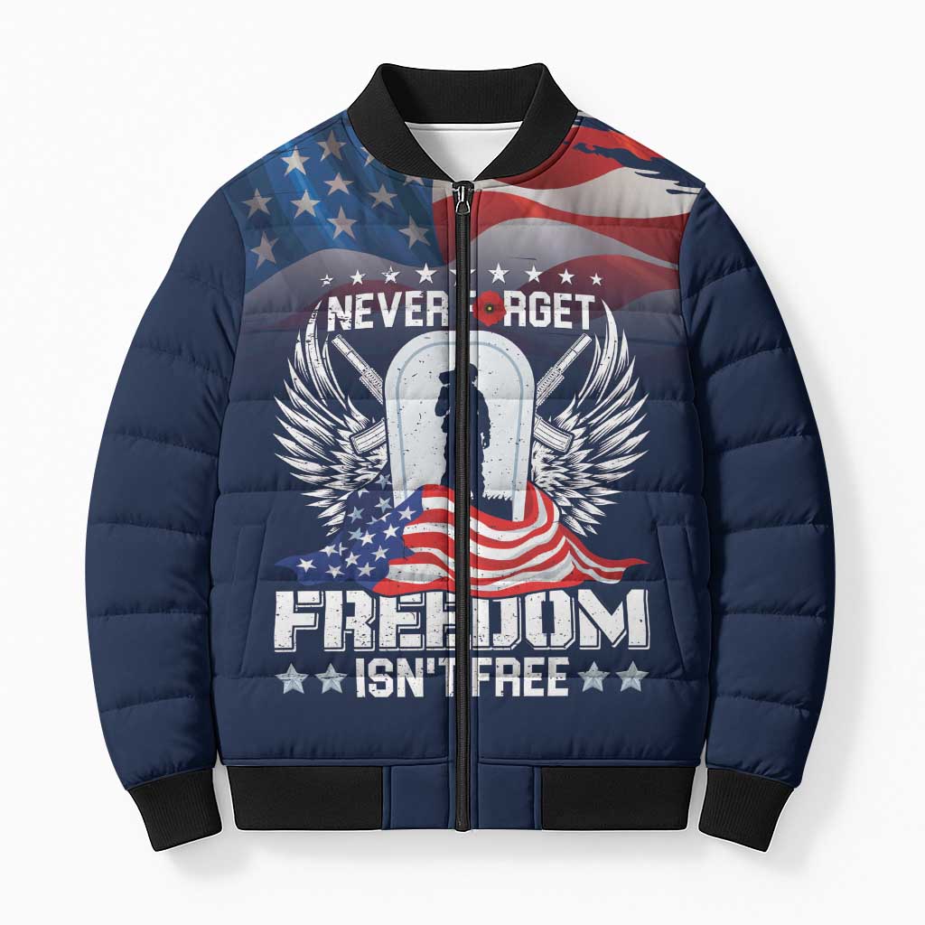 Never Forget Freedom American Memorial Day Personalized Bomber Puffer Jacket