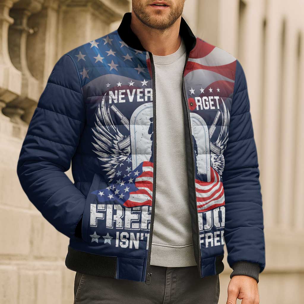 Never Forget Freedom American Memorial Day Personalized Bomber Puffer Jacket