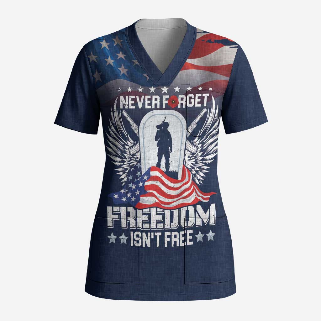 Never Forget Freedom American Memorial Day Personalized Scrub Top