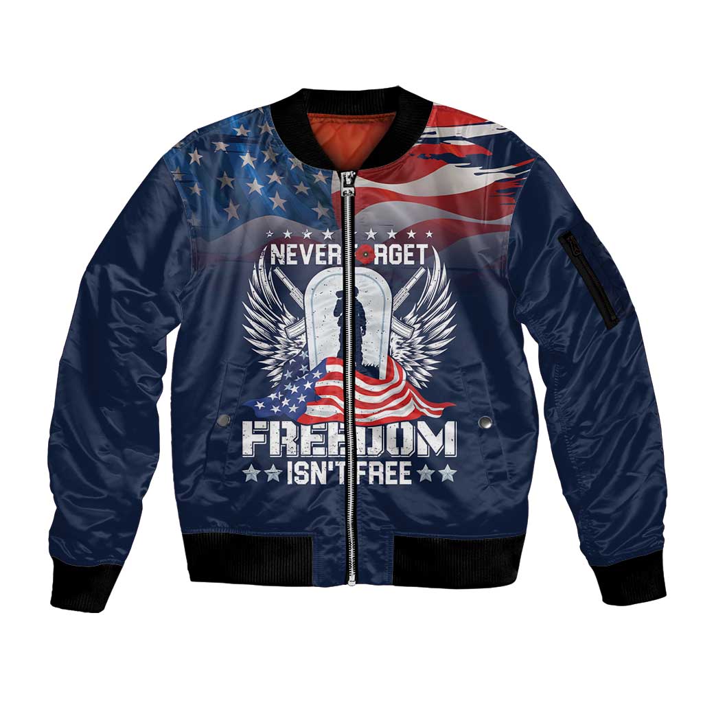 Never Forget Freedom American Memorial Day Personalized Sleeve Zip Bomber Jacket
