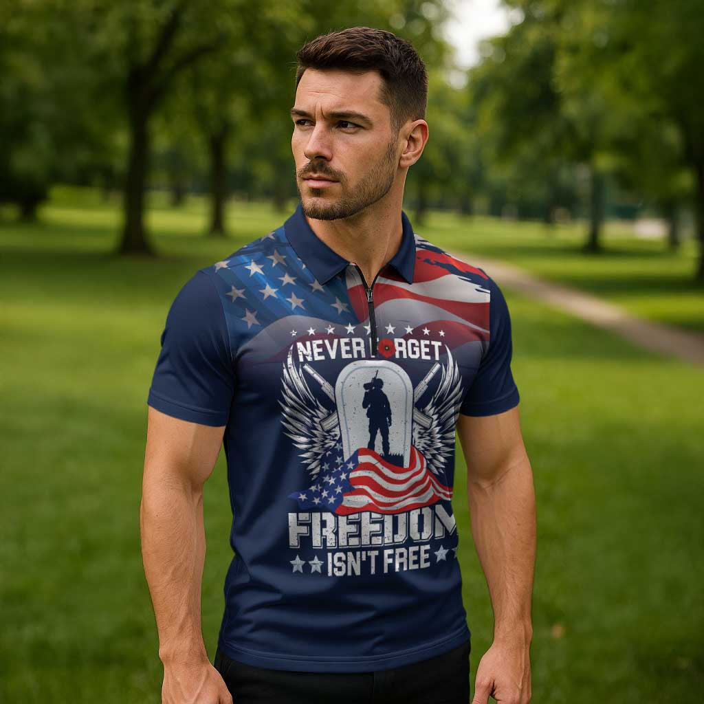 Never Forget Freedom American Memorial Day Personalized Zipper Polo Shirt