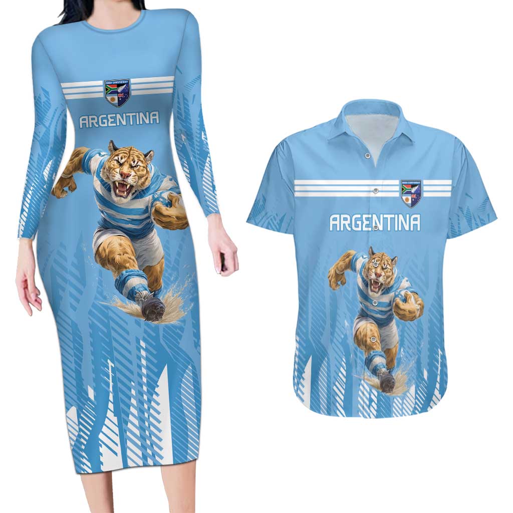 Argentina Rugby Custom Couples Matching Long Sleeve Bodycon Dress and Hawaiian Shirt Glory Be To Pumas - Wonder Print Shop