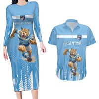 Argentina Rugby Custom Couples Matching Long Sleeve Bodycon Dress and Hawaiian Shirt Glory Be To Pumas - Wonder Print Shop