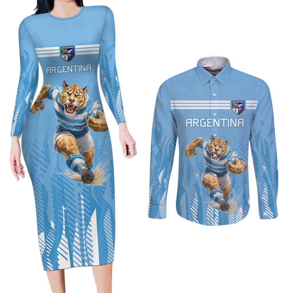 Argentina Rugby Custom Couples Matching Long Sleeve Bodycon Dress and Long Sleeve Button Shirt Glory Be To Pumas - Wonder Print Shop
