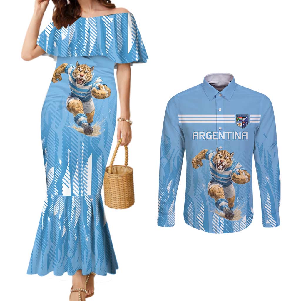 Argentina Rugby Custom Couples Matching Mermaid Dress and Long Sleeve Button Shirt Glory Be To Pumas - Wonder Print Shop