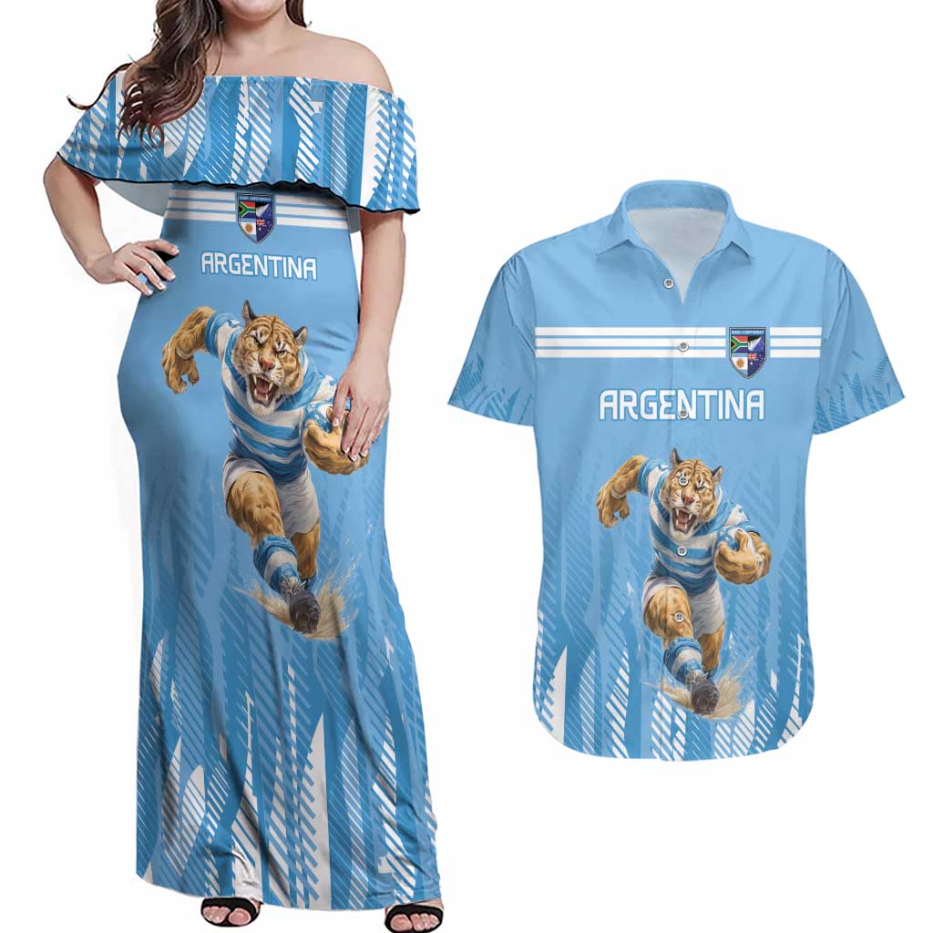 Argentina Rugby Custom Couples Matching Off Shoulder Maxi Dress and Hawaiian Shirt Glory Be To Pumas - Wonder Print Shop