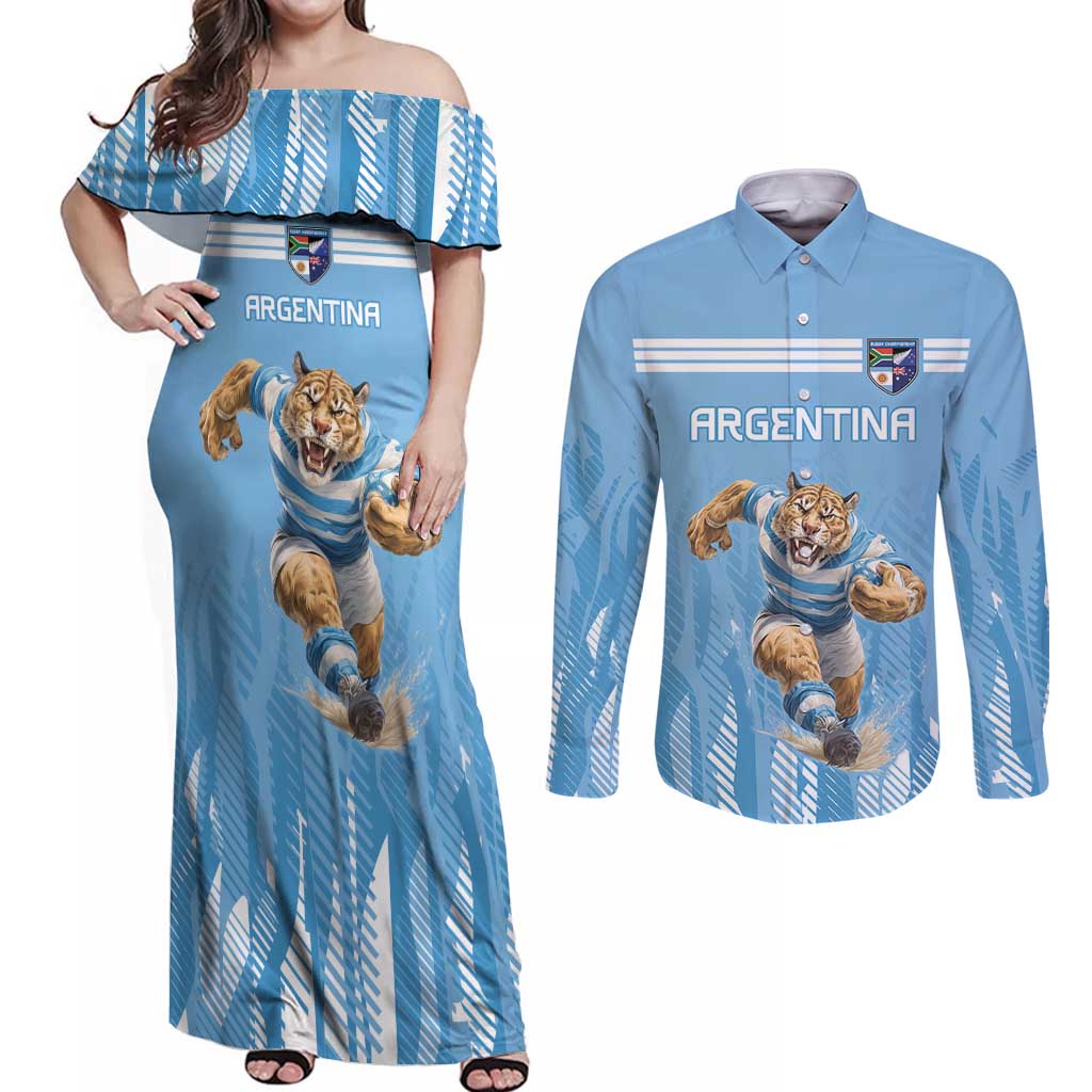 Argentina Rugby Custom Couples Matching Off Shoulder Maxi Dress and Long Sleeve Button Shirt Glory Be To Pumas - Wonder Print Shop