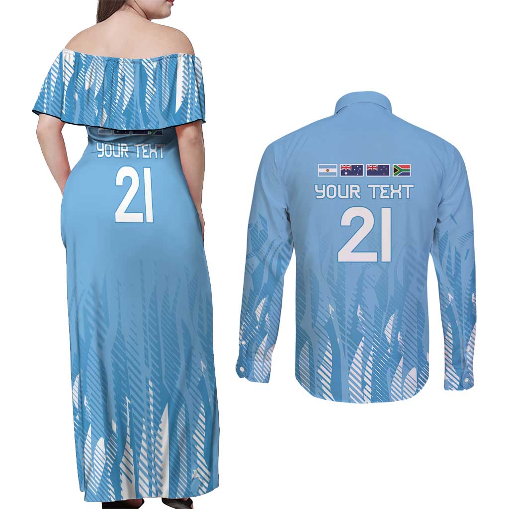 Argentina Rugby Custom Couples Matching Off Shoulder Maxi Dress and Long Sleeve Button Shirt Glory Be To Pumas - Wonder Print Shop