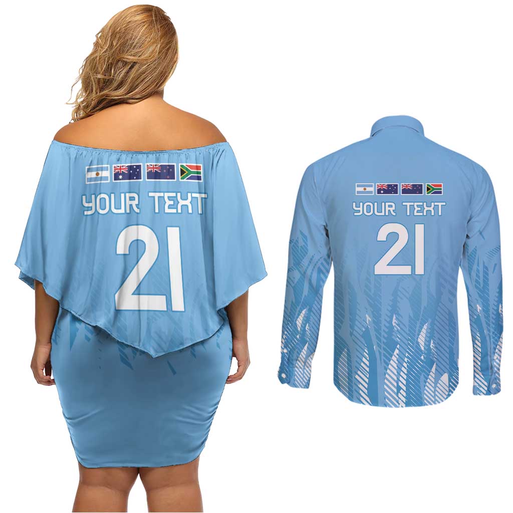 Argentina Rugby Custom Couples Matching Off Shoulder Short Dress and Long Sleeve Button Shirt Glory Be To Pumas - Wonder Print Shop