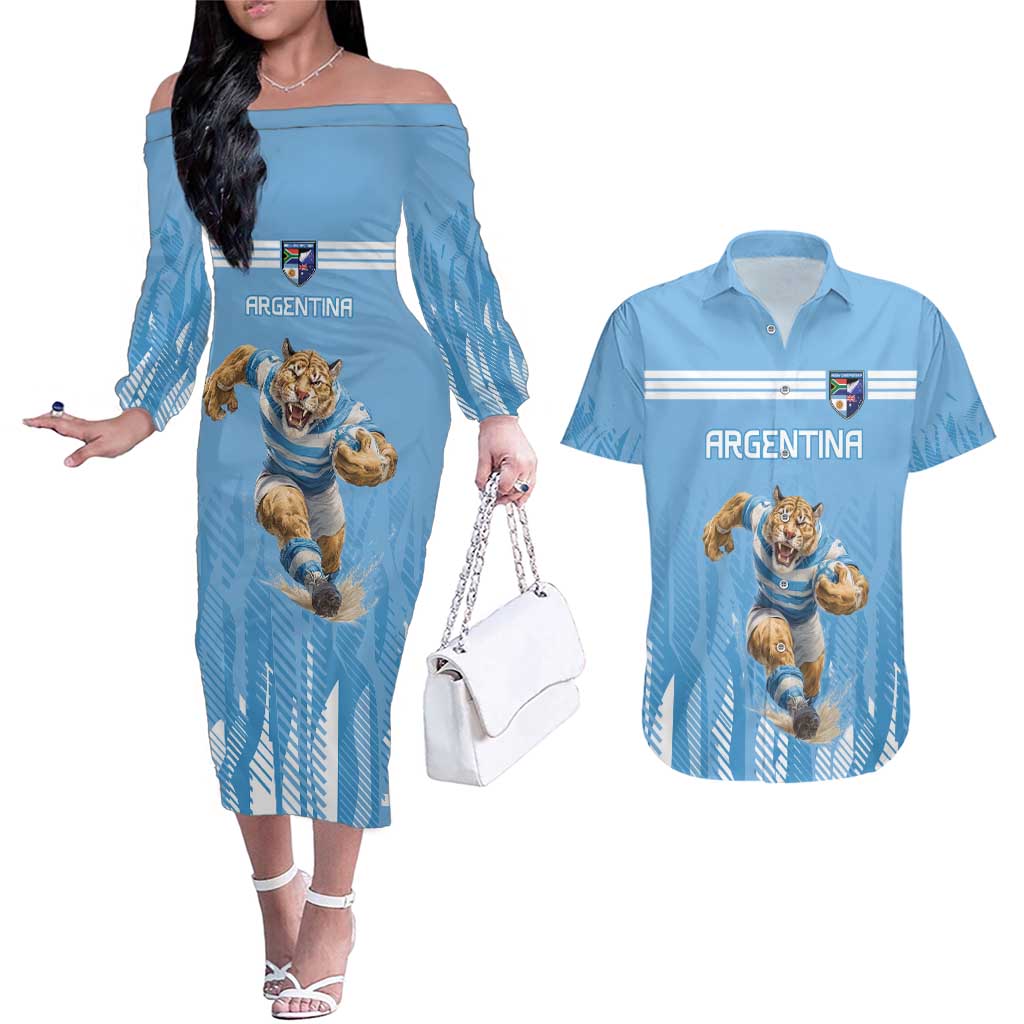 Argentina Rugby Custom Couples Matching Off The Shoulder Long Sleeve Dress and Hawaiian Shirt Glory Be To Pumas - Wonder Print Shop