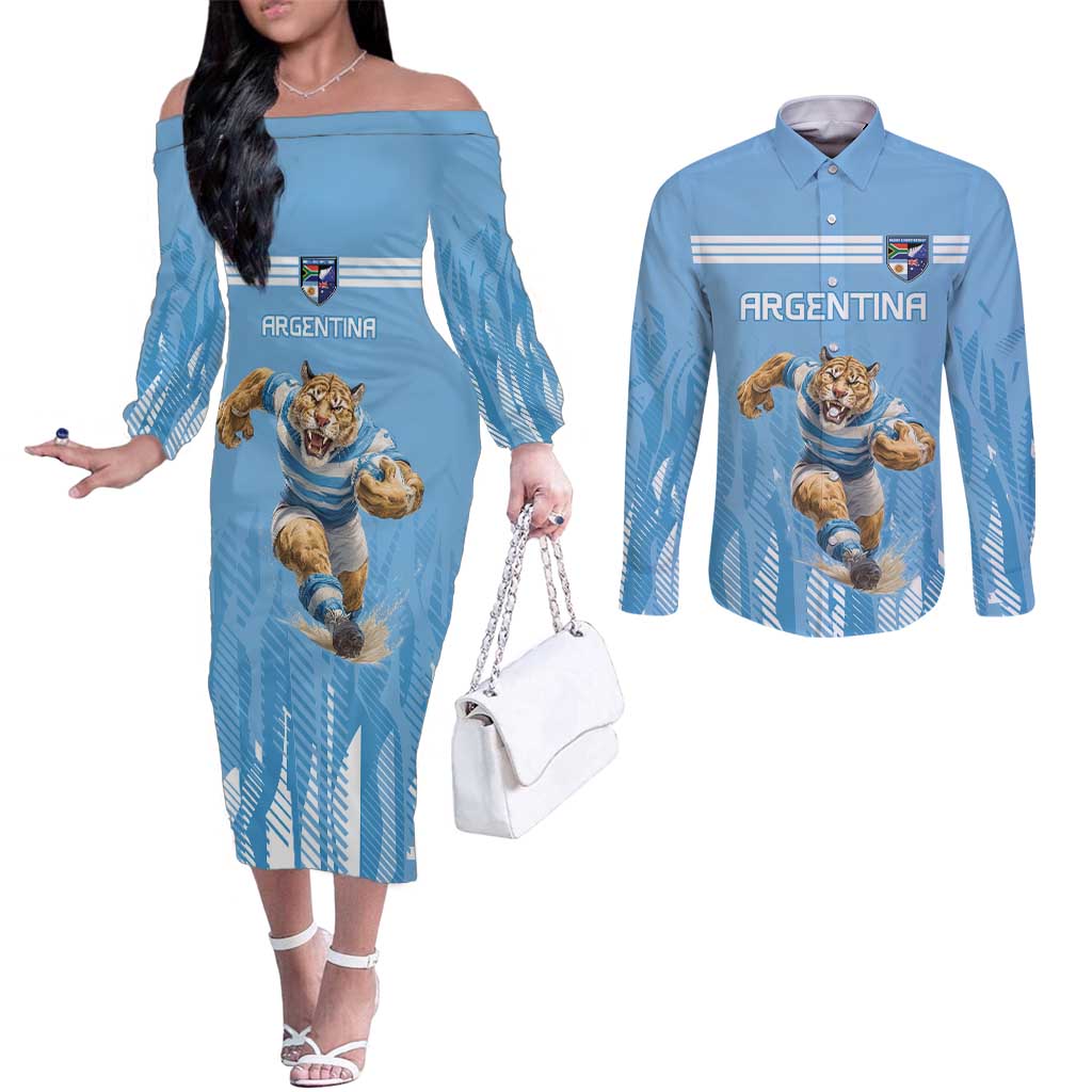 Argentina Rugby Custom Couples Matching Off The Shoulder Long Sleeve Dress and Long Sleeve Button Shirt Glory Be To Pumas - Wonder Print Shop