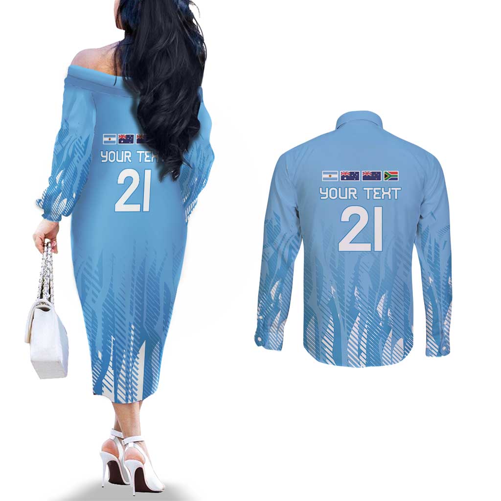 Argentina Rugby Custom Couples Matching Off The Shoulder Long Sleeve Dress and Long Sleeve Button Shirt Glory Be To Pumas - Wonder Print Shop