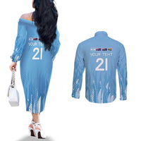 Argentina Rugby Custom Couples Matching Off The Shoulder Long Sleeve Dress and Long Sleeve Button Shirt Glory Be To Pumas - Wonder Print Shop