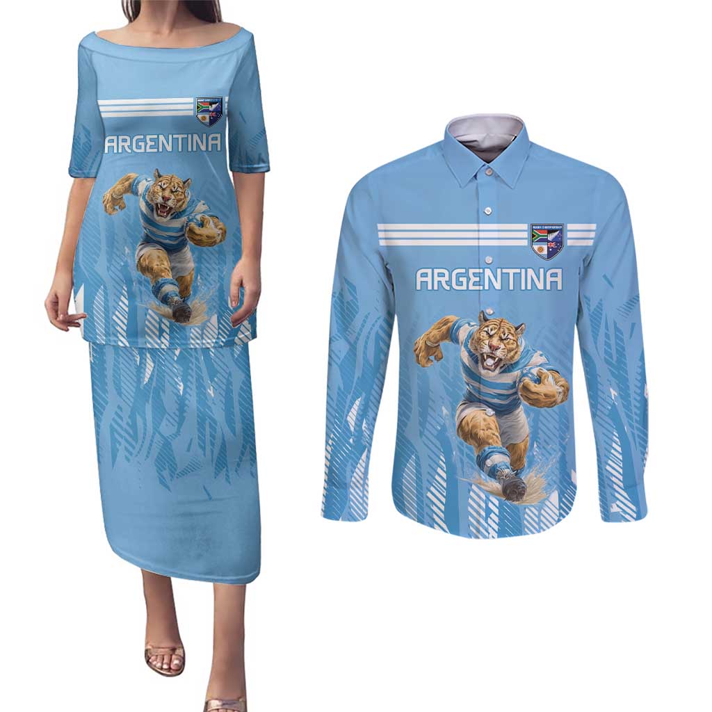 Argentina Rugby Custom Couples Matching Puletasi and Long Sleeve Button Shirt Glory Be To Pumas - Wonder Print Shop