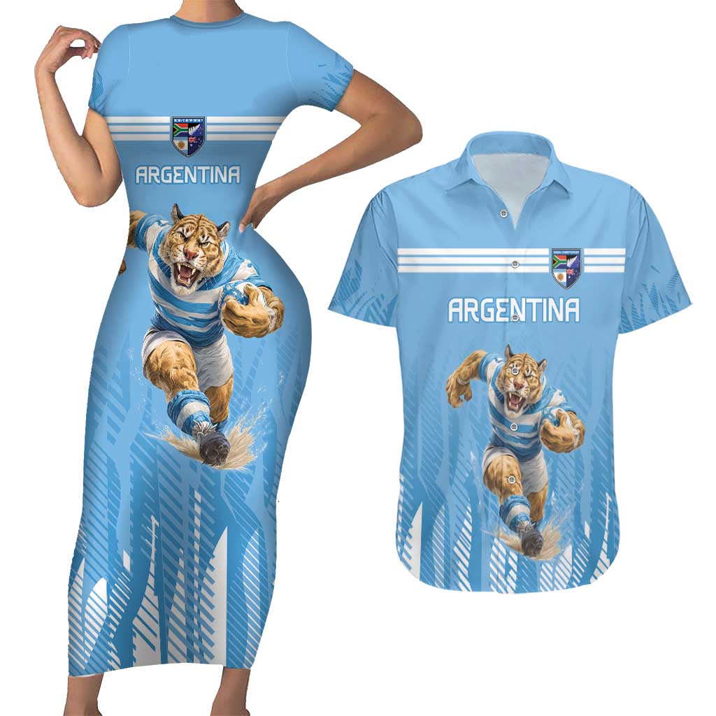 Argentina Rugby Custom Couples Matching Short Sleeve Bodycon Dress and Hawaiian Shirt Glory Be To Pumas - Wonder Print Shop