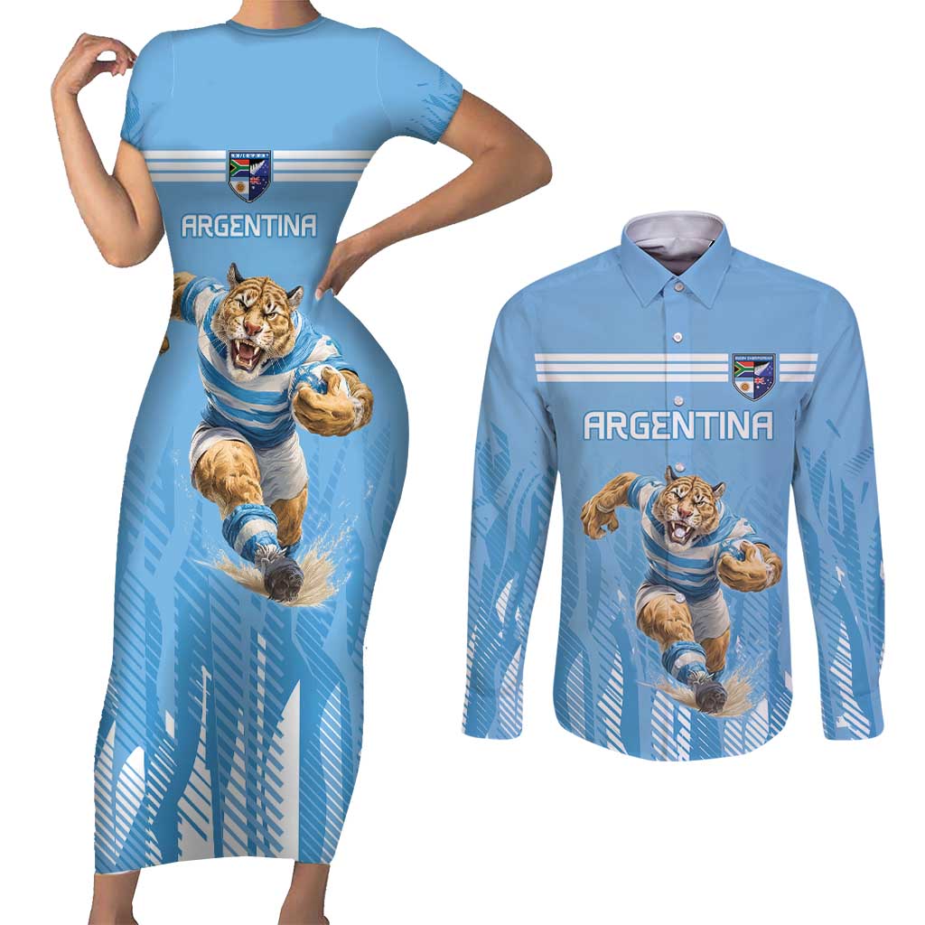 Argentina Rugby Custom Couples Matching Short Sleeve Bodycon Dress and Long Sleeve Button Shirt Glory Be To Pumas - Wonder Print Shop