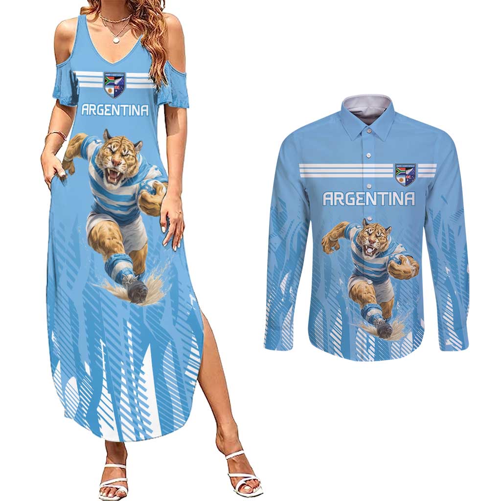 Argentina Rugby Custom Couples Matching Summer Maxi Dress and Long Sleeve Button Shirt Glory Be To Pumas - Wonder Print Shop