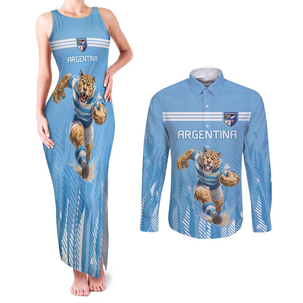 Argentina Rugby Custom Couples Matching Tank Maxi Dress and Long Sleeve Button Shirt Glory Be To Pumas - Wonder Print Shop