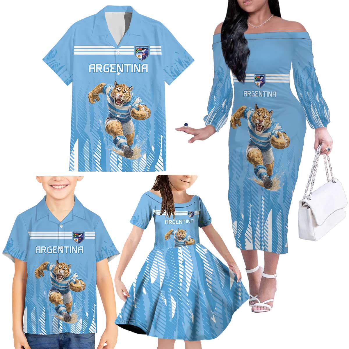 Argentina Rugby Custom Family Matching Off The Shoulder Long Sleeve Dress and Hawaiian Shirt Glory Be To Pumas - Wonder Print Shop