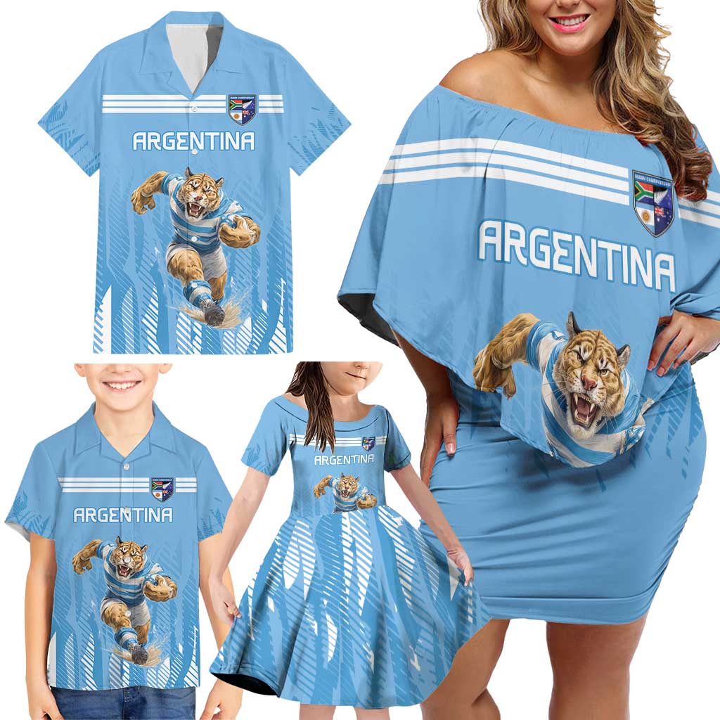 Argentina Rugby Custom Family Matching Off Shoulder Short Dress and Hawaiian Shirt Glory Be To Pumas - Wonder Print Shop